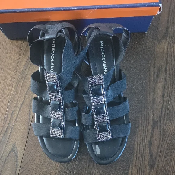 Arturo Chiang Black Strappy Wedges with Embellishments - Picture 2 of 5